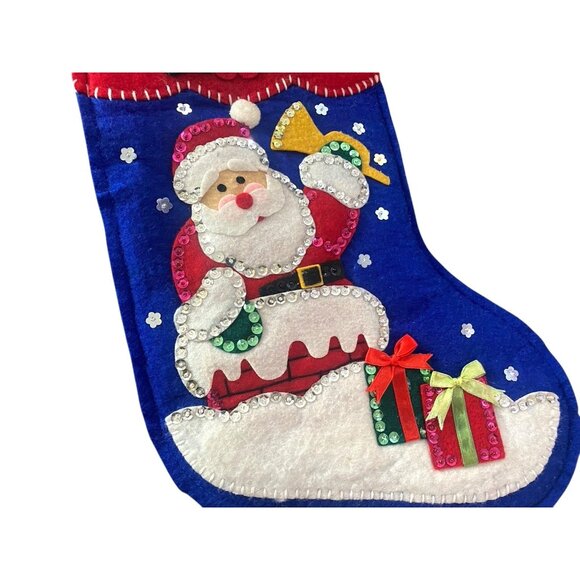 Vintage Christmas Felt Applique Stocking Sequins Jeweled Santa Claus Chimney - Picture 2 of 4